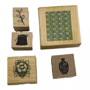 RUBBER STAMPS Wooden Block Mixed Lot 5 Floral Stamps Nature Cards Crafts Scrapbo